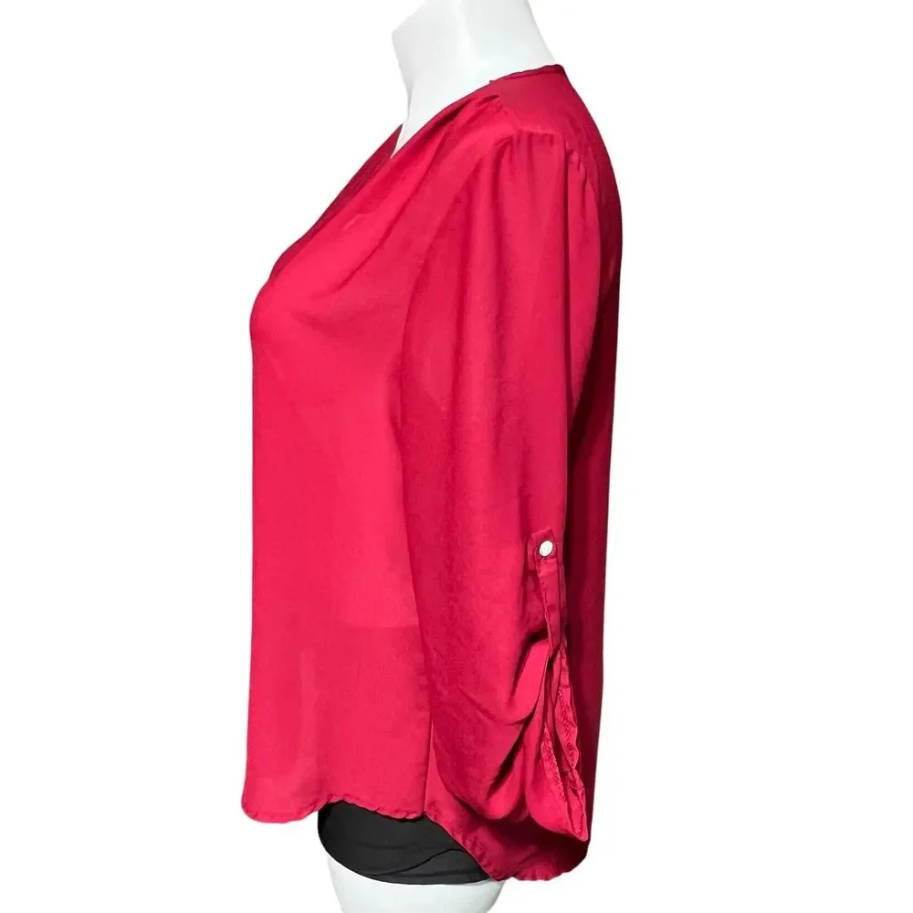 Womens Boutique Blouse Top Zipper Accent V Neck Sheer Roll Tab Sleeves Red